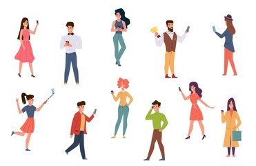 People with smartphones. Men and women talking on phone, checking social media texting. Catch wifi signal taking selfie cartoon characters vector
