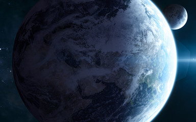 Earth and moon in blue light. Solar system. Science fiction. Elements of this image furnished by NASA