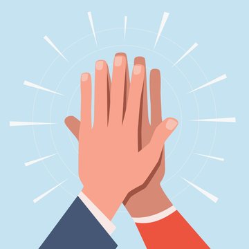 High five hands. Two hands giving high five informal greeting with friendly partners, great work achievement. Team success vector concept