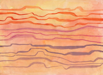 Orange, yellow, pink watercolor background with curved lines. Artistic texture is suitable for banner. Hand drawn abstract illustration, design element for card, cover, decoration, printing