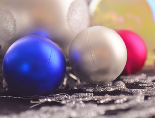 Christmas background, garland lights toys snowflakes snow glare night