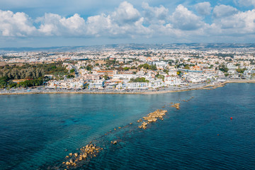 Fototapeta na wymiar Aerial view of Paphos embankment from water. Famous Cyprus mediterranean resort.