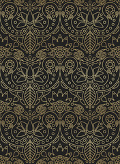 Indian seamless pattern with indian ornament paisley, lotus and flower golden gradient on black background