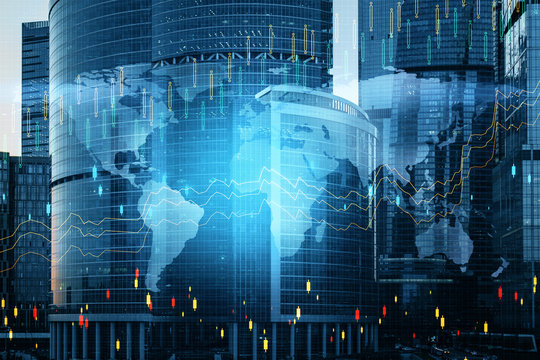 Business charts and world map hologram