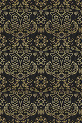 Indian seamless pattern with paisley and mandala ornament golden gradient on black background