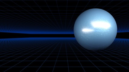 Blue glossy sphere on black background with blue grid - 3D rendering illustration