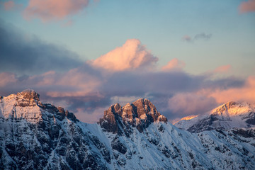 Mountain portrait Birnhorn Saalbach sunset purple light clouds reflecting the mountainscape