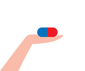 Human hand holds big drug. Pill, capsule, medication, medicine, disease treatment, health. Vector flat illustration isolated on white background.