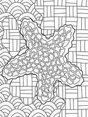 Seastar on buttom coloring book page for adults and kids. Detailed and elegance zen art for coloring. One of a series.