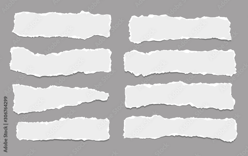 Poster pieces of torn horizontal white paper with soft shadow are on dark grey background for text. vector 