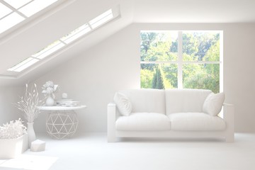 Mock up of stylish room in white color with sofa and green landscape in window. Scandinavian interior design. 3D illustration