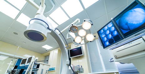 Lamp in operating room in hospital. Equipment and medical devices in modern operating room....