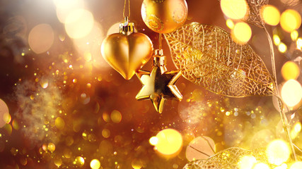 Christmas and New Year golden Decoration. Abstract Blurred Bokeh Holiday Background with beautiful...