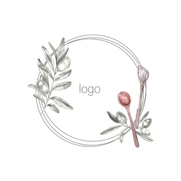 Logo for cake shop and bakery, organic eat, eco shop, for cook. kitchen whisk with olives branches.  and cooks. Watercolor illustration.Organic natural and healthy farm fresh food retro emblem.