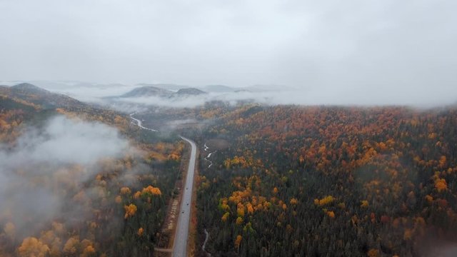 A drone camera moves along a road with cars in a dense mixed forest on the tops of a mountain range with a small winding river on an autumn day (Quebec, Canada)