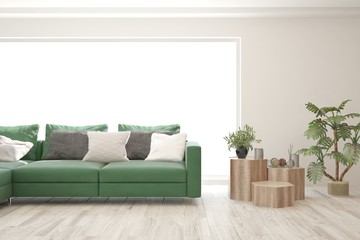 Stylish room in white color with sofa. Scandinavian interior design. 3D illustration