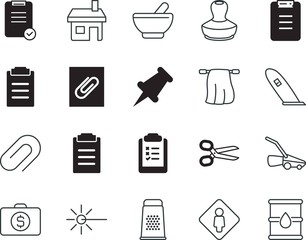 clip vector icon set such as: feedback, ok, light, exchange, personal, approval, connect, mortar, herbal, bath-towel, technology, management, roof, mower, cooking, production, legal, summer, smart