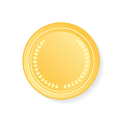 Golden medal with laurel wreath on white background.