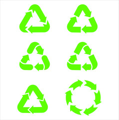 Green recycle icon in triangle. Recycle Recycling set symbol vector. Eco cirle icon. Green arows on isolated background. Vector garbage symbols. Logo elements. Clean planet.