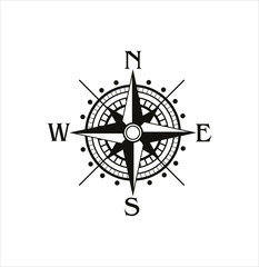 Black compass on isolated background. Modern travel icon. Navigation equipment. Design element with star shape. Wind icon. Vector  symbol.