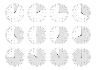 Pack d'icônes vectorielles : Horloges grises déclinées pour chaque heure de la journée