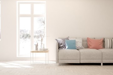 Stylish room in white color with sofa and winter landscape in window. Scandinavian interior design. 3D illustration