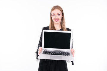 Girl with laptop.Mockup with notebook. Communication network. Laptop screen.