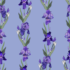 Obraz na płótnie Canvas Floral seamless pattern with violet flowers and green leaves on blue. Hand drawn. Background with purple irises for your design, prints, textile, web pages. Realistic style. Vector stock illustration.
