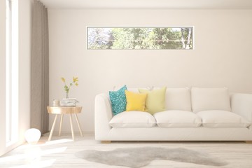 Stylish room in white color with sofa. Scandinavian interior design. 3D illustration