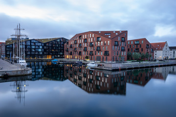 Modern brick buildings in Copenhagen from river view
