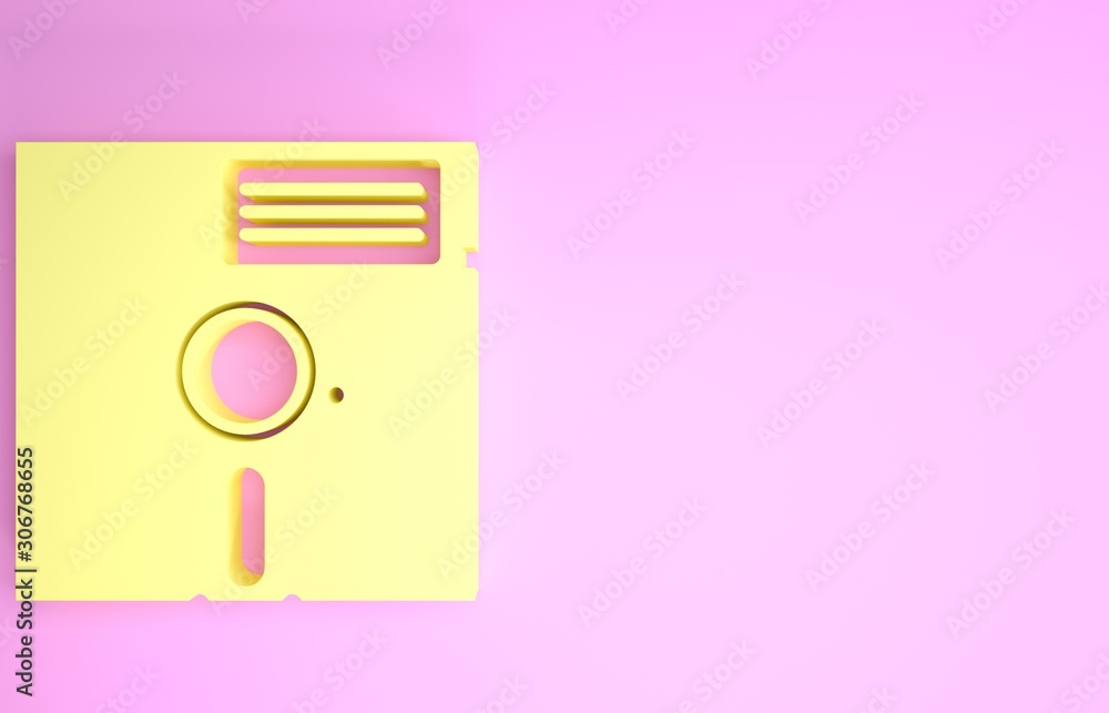 Poster yellow floppy disk in the 5.25-inch icon isolated on pink background. floppy disk for computer data 