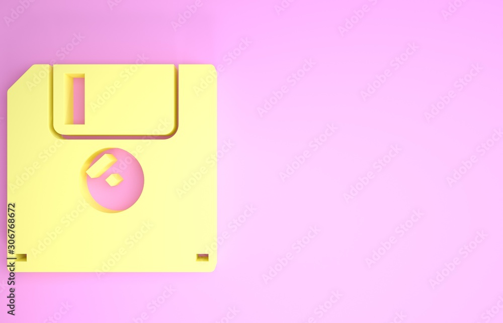 Poster yellow floppy disk for computer data storage icon isolated on pink background. diskette sign. minima