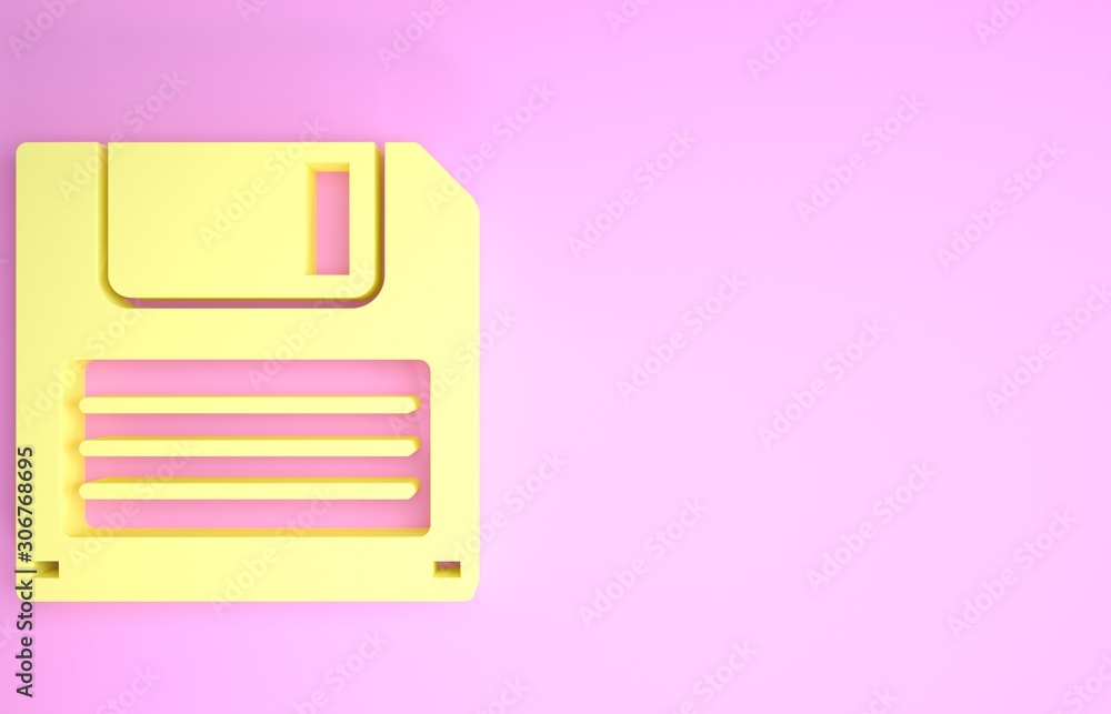 Poster yellow floppy disk for computer data storage icon isolated on pink background. diskette sign. minima