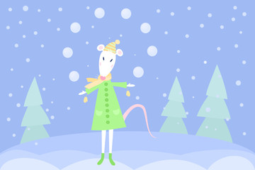 Greeting card with cute cartoon mouse with heart shaped nose dressed in coat, hat with pompom, scarf, boots and mittens. Rat is a symbol of 2020. Winter background with Christmas trees, falling snow. 