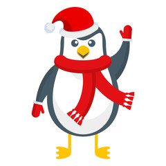 Merry cute penguin in a scarf and hat. Christmas character.