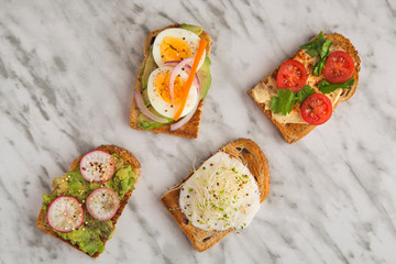 Healthy toast with whole wheat bread, viewed from above.