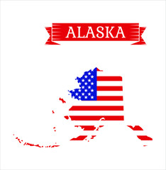 Alaska on map. USA flag. Holiday poster or travel icon.