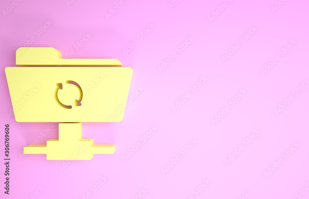 Poster yellow ftp sync refresh icon isolated on pink background. software update, transfer protocol, router