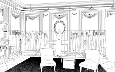 shopping mall, contour visualization, 3D illustration, sketch, outline