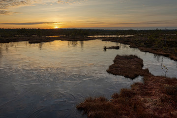 Sun is about to rise above a frozen bog