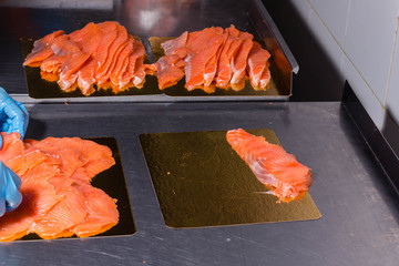 Fish production. Worker lays out pieces of fish on the packaging for further sealing