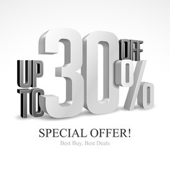 Up To 30 Off Special Offer Silver 3D Digits Banner, Template Thirty Percent. Sale, Discount. Grayscale, Metal, Gray, Glossy Numbers. Illustration Isolated On White Background. Ready For Your Design.
