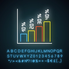 Vertical histogram neon light icon. Increasing interest rate bars. Rising chart, graph growth. Business diagram. Glowing sign with alphabet, numbers and symbols. Vector isolated illustration