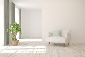 Stylish room in white color with armchair. Scandinavian interior design. 3D illustration
