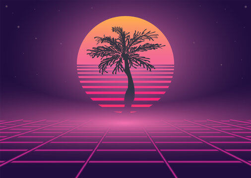 80s retro neon landscape with palm tree