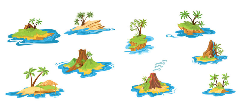 Set of different scenes of islands with huts, tropical trees, mountains, volcano, and waterfall. Vector illustration in flat cartoon style.