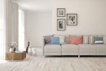 Stylish room in white color with sofa. Scandinavian interior design. 3D illustration