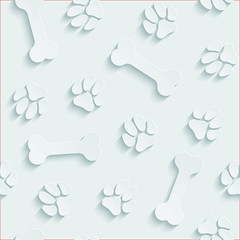 Materiał do szycia A lot of dog's paw prints and bones on light gray background. Neutral seamless pattern with 3D cute paper effect. Vector EPS10.
