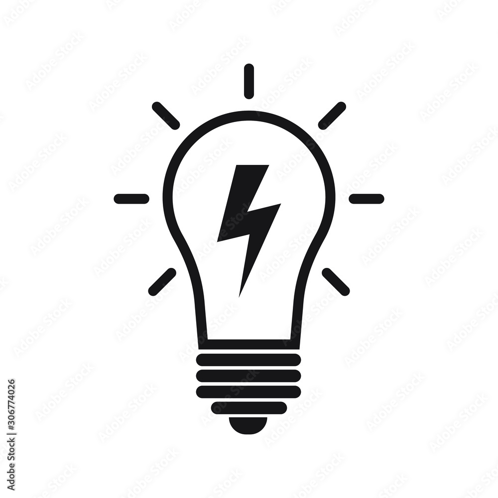 Poster light bulb line icon vector, lamp with lightning, isolated on white background. idea sign, solution,
