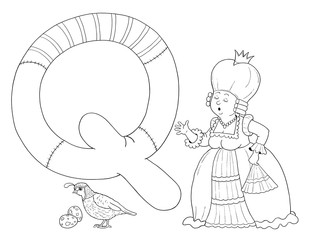 English alphabet. ABC. Coloring page. Illustration for children. Cute and funny cartoon characters 